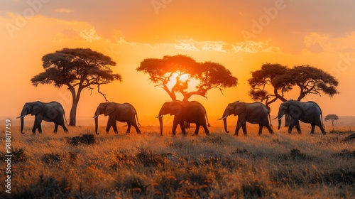 A sunset safari scene with an orange sky, silhouettes of elephants and acacia trees creating a dramatic landscape.