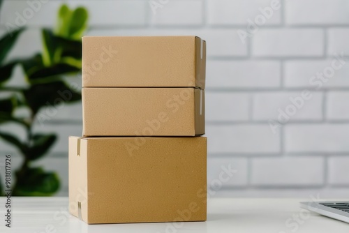 Stylish product packaging made from recycled materials with green branding, placed in an eco-friendly office setting, Sustainable packaging, branding environment photo