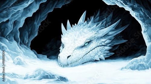 A glacial dragon curled up in an ice cave, crystallike scales reflecting light, digital painting, soft blue tones, isolated on white background photo