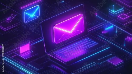 Digital communication, neon glow effect Email Marketing concept.