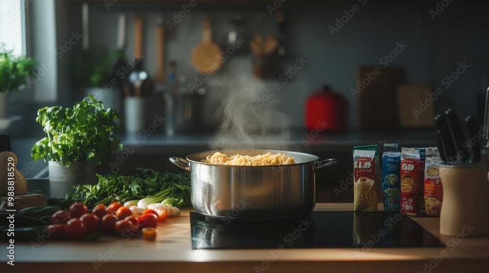 A cozy kitchen countertop with a boiling pot of instant noodles, surrounded by seasoning packets and fresh vegetables. A cozy kitchen countertop with a boiling pot of instant noodles, surrounded by seasoning packets and fresh vegetables.
