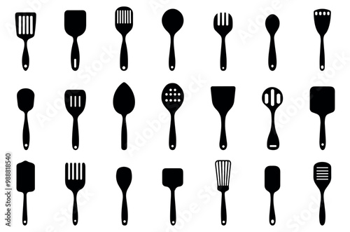 Spatula silhouette black icons. Barbecue or BBQ symbol. Kitchen Household kitchen tools utensils for cooking grill. App website menu decorative element. Simple black and white flat style isolated