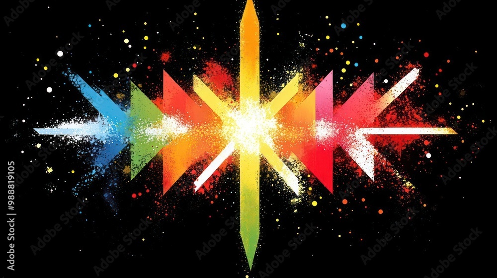 Abstract design featuring colorful arrows and bursts of light on a black background. Abstract design featuring colorful arrows and bursts of light on a black background.