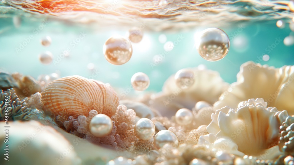 A creative shot of pearls floating in water, surrounded by seashells and coral, with soft light filtering through the surface.