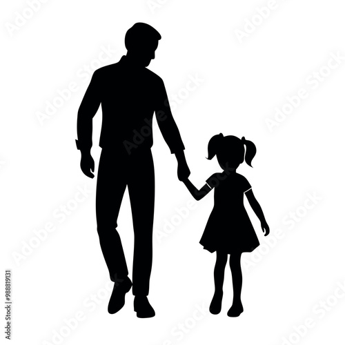 a father and daughter walking hand in hand. The father is on the left side of the image, with his back to the viewer, and the daughter on the right side