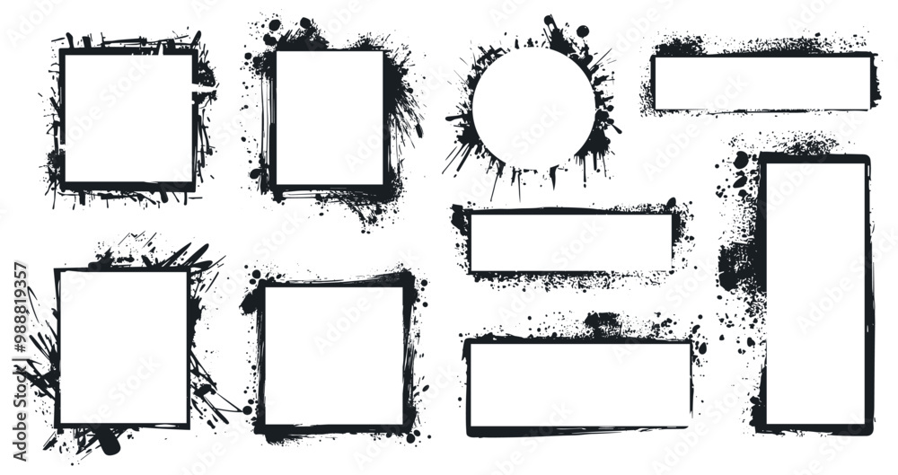 Spray paint graffiti stencil frames set. Paint splash artistic grunge texture borders with drips and splashes. Rectangular square round shape. Simple black and white flat style isolated vector banner