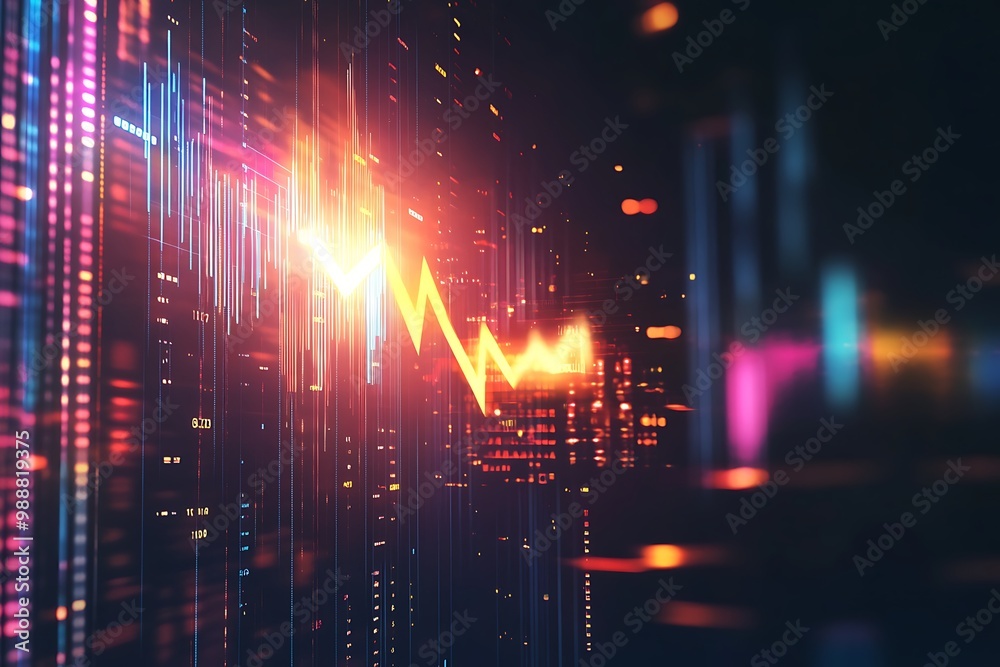 Obraz premium Dynamic Digital Stock Market with Neon Lights and Declining Trends at Nighttime