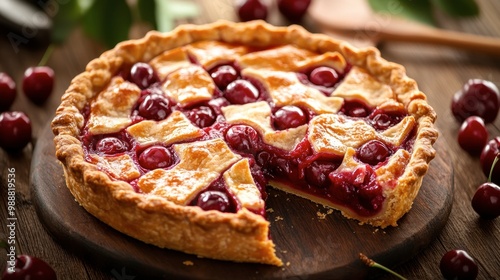 A delicious cherry pie on a wooden table, the golden crust perfectly browned, with fresh cherries scattered around and a slice ready to be served.