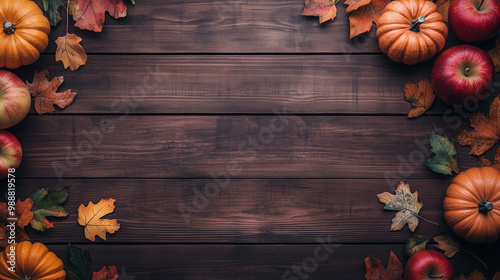 Wallpaper Mural Rustic wooden background with autumn theme. Dark brown, pumpkins, apples, leaves. Ideal for branding mock-ups. Torontodigital.ca