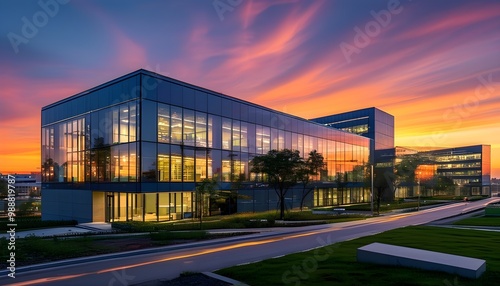 Sustainable innovation in modern corporate architecture illuminated by a vibrant sunset backdrop