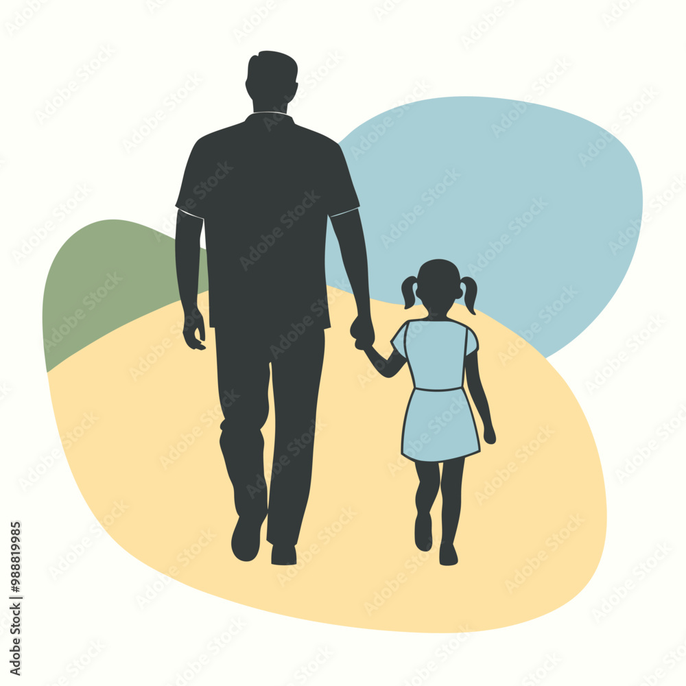 a father and daughter walking hand in hand. The father is on the left side of the image, with his back to the viewer, and the daughter on the right side a father and daughter walking hand in hand. The father is on the left side of the image, with his back to the viewer, and the daughter on the right side