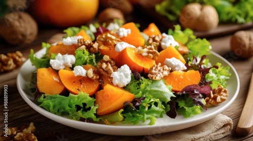 A delicious-looking persimmon salad, featuring fresh greens, walnuts, and goat cheese, served on a white plate with a rustic wooden background.