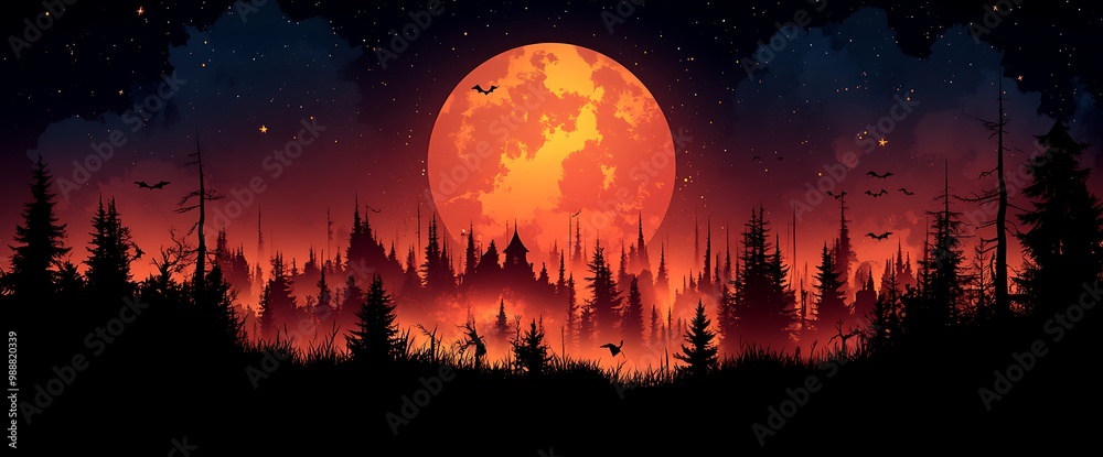 A full blood red moon hangs in the night sky above a dark, shadowy forest.