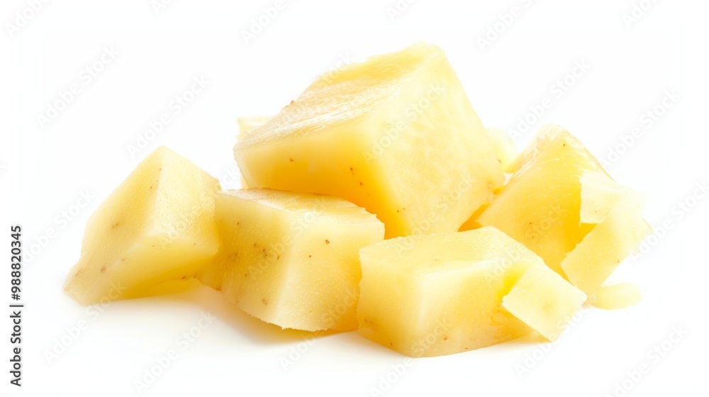 Close-up of several cubes of cheese against a white background, showcasing their texture and rich color. Close-up of several cubes of cheese against a white background, showcasing their texture and rich color.