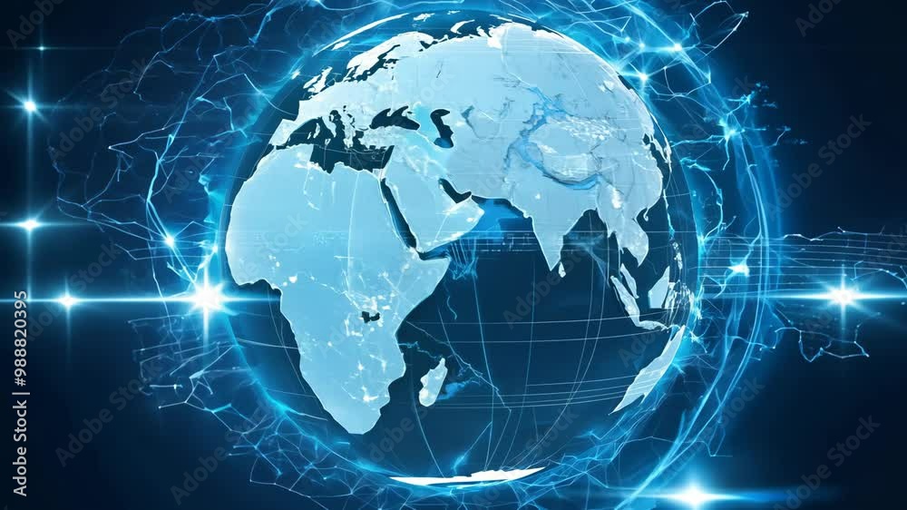 Globe wrapped in electric neon blue web with flowing arcs between continents Globe wrapped in electric neon blue web with flowing arcs between continents