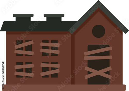 Eerie old abandoned wooden house is falling into disrepair, with boarded up windows and doors