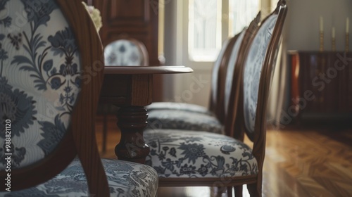 A classic dining room with ornately upholstered chairs and a polished wooden table, exuding elegance and timeless charm.