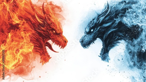 A glacial dragon in battle with a fiery rival, ice and fire clashing, high contrast, digital illustration, isolated on white background