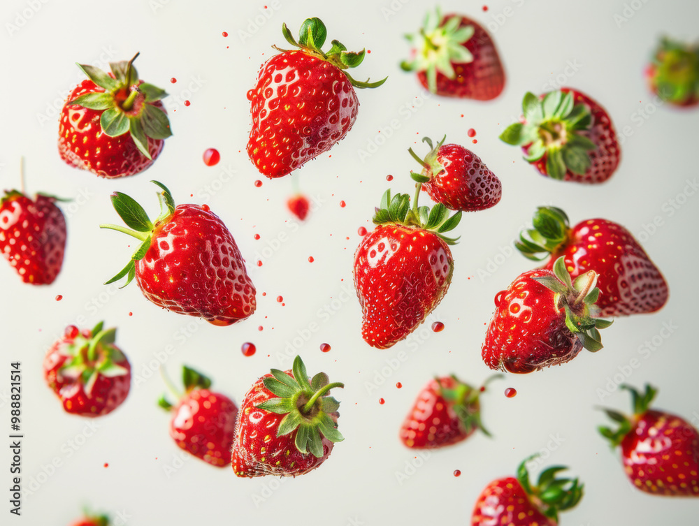Various falling fresh ripe strawberry on light white background, horizontal composition Various falling fresh ripe strawberry on light white background, horizontal composition