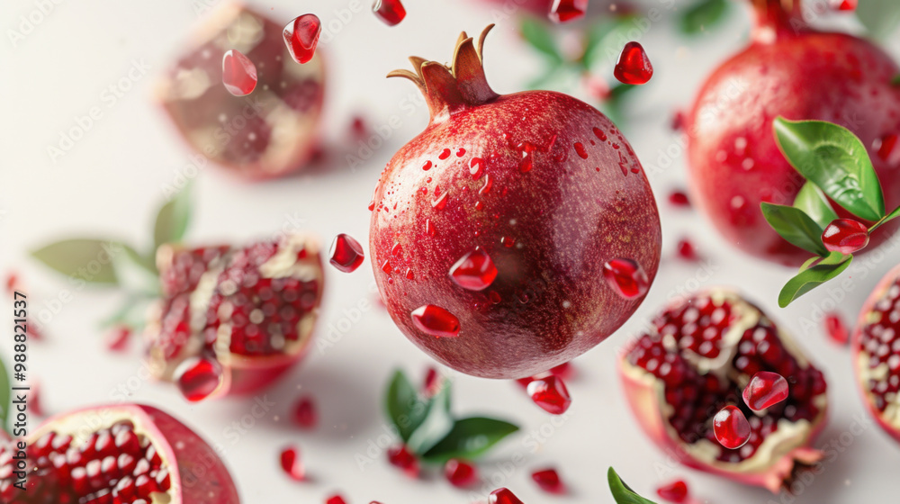 Various falling fresh ripe pomegranate on light white background, horizontal composition Various falling fresh ripe pomegranate on light white background, horizontal composition