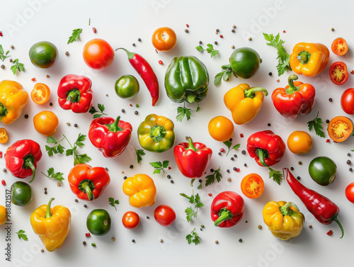 Various falling fresh ripe sweet pepper on light white background, horizontal composition