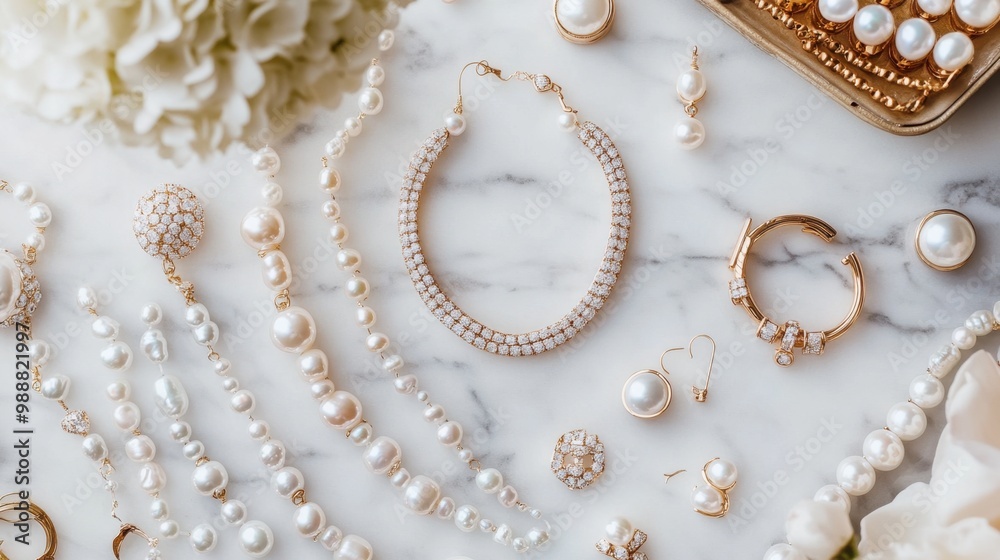 Obraz premium A flat-lay of pearl jewelry, including earrings, necklaces, and rings, arranged artistically on a marble surface.