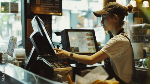 A worker operates a cash register in a fast-food restaurant, highlighting the hustle and customer service of the food industry.