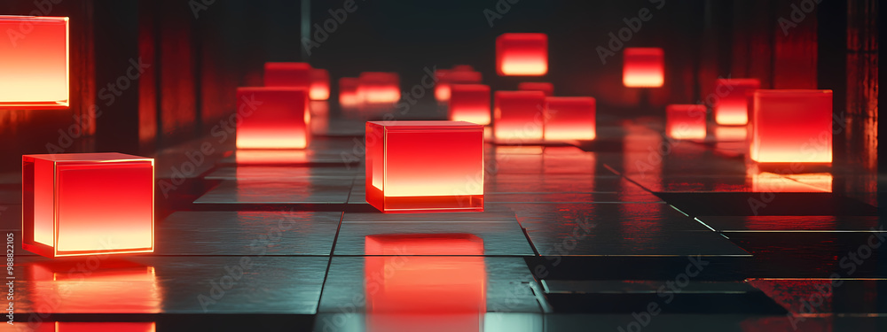 Illuminated Red Cubes with Reflective Surface Illuminated Red Cubes with Reflective Surface