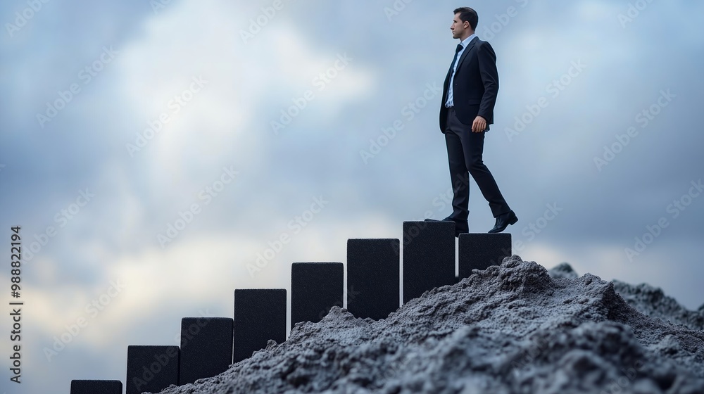 A businessman stands confidently on a series of black steps atop a mound of earth against a cloudy sky during twilight A businessman stands confidently on a series of black steps atop a mound of earth against a cloudy sky during twilight