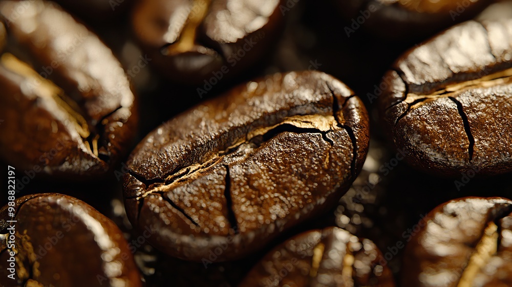 Close-up of freshly roasted coffee beans, highlighting the detailed textures and natural gloss, enhanced by dramatic lighting. Close-up of freshly roasted coffee beans, highlighting the detailed textures and natural gloss, enhanced by dramatic lighting.