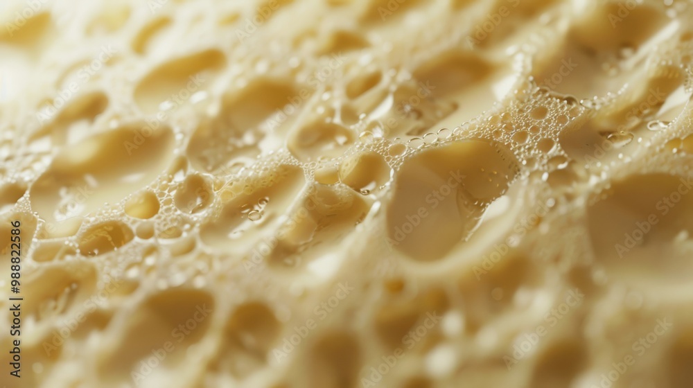 A macro view capturing the porous, bubbly texture of cheese, with a golden hue and rich details that showcase its inviting consistency. A macro view capturing the porous, bubbly texture of cheese, with a golden hue and rich details that showcase its inviting consistency.