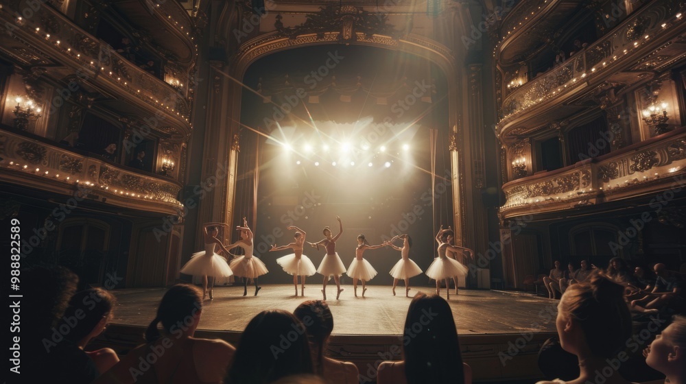 Obraz premium Ballerinas in white tutus gracefully performing on a grand, ornate stage, illuminated by warm, golden lights in a historic theater.