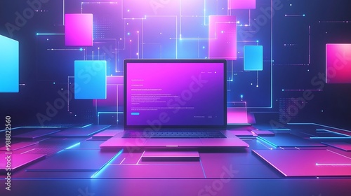 Futuristic laptop with vibrant digital interface and geometric shapes, glowing background.