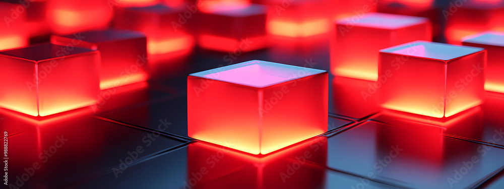 Illuminated Red Cubes with Reflective Surface Illuminated Red Cubes with Reflective Surface