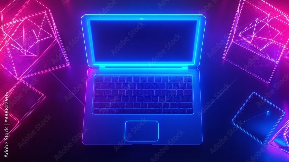 Glowing laptop with neon lights, modern workspace Email Marketing concept. Glowing laptop with neon lights, modern workspace Email Marketing concept.