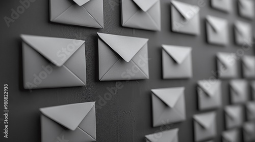 Gray envelopes arranged on a wall, modern communication concept. Email Marketing concept.
