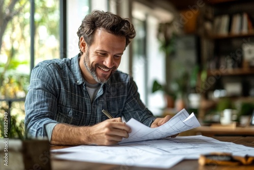 Happy man analyzing blueprints at his renovating home, Generative AI