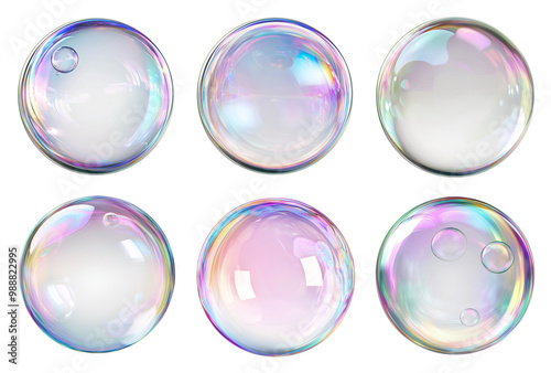 Colorful Soap Bubbles Collection on Transparent Background - Iridescent Spheres for Creative Projects, Digital Art, Backgrounds, and More - Perfect for Graphic Design and Artistic Endeavors.