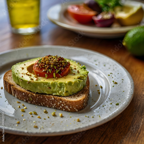 A portrait image of a brown seeded slice of toast topped with smashed avocado