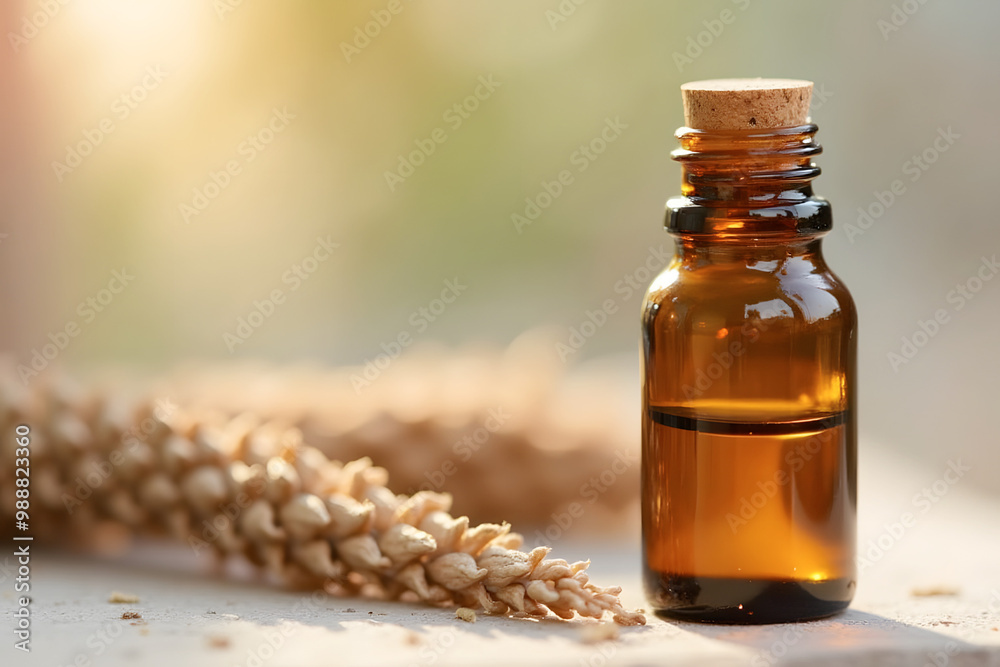 Amber glass bottle with essential oil, tranquil mood, placed on wooden surface with natural decor
Amber glass bottle with essential oil, tranquil mood, placed on wooden surface with natural decor