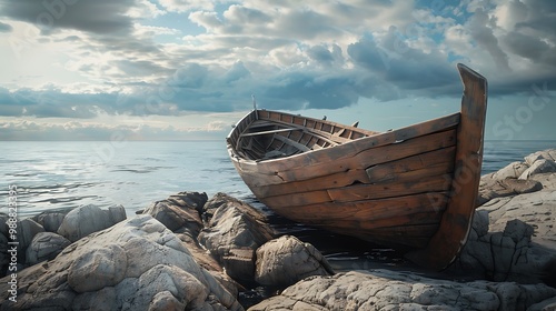 A primitive wooden ship rests on the rocks of a peaceful sea