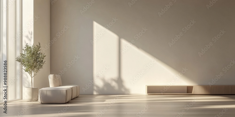 Fototapeta premium A white room with a couch and a potted plant. The couch is white and has three sections