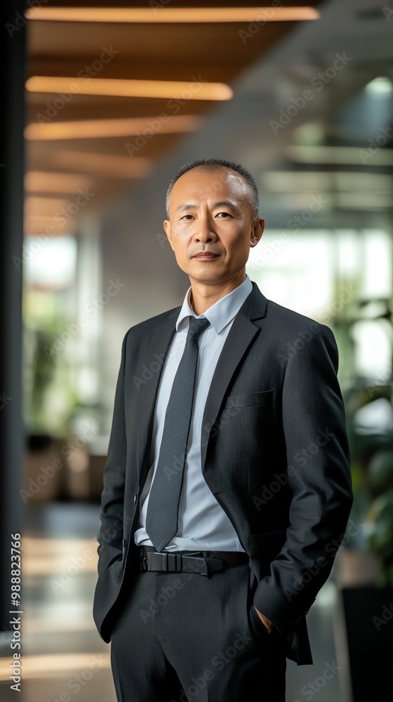 Confident Asian Businessman in Suit Standing in Modern Office
