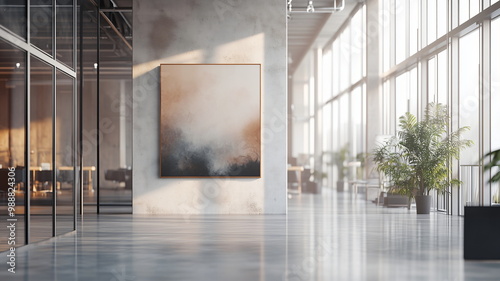 Contemporary office with abstract art, glass partitions, and natural light
