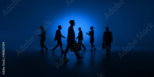 Silhouette of business people walking in blue studio