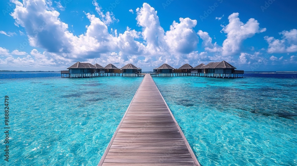 A jetty extending out into the ocean, leading to luxurious water villas, with crystal-clear waters below and a sky filled with cotton candy clouds. A jetty extending out into the ocean, leading to luxurious water villas, with crystal-clear waters below and a sky filled with cotton candy clouds.