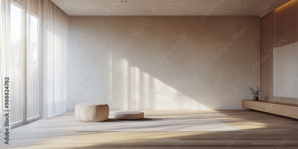 A large room with a tan wall and a tan rug. There is a white pillow on the floor A large room with a tan wall and a tan rug. There is a white pillow on the floor