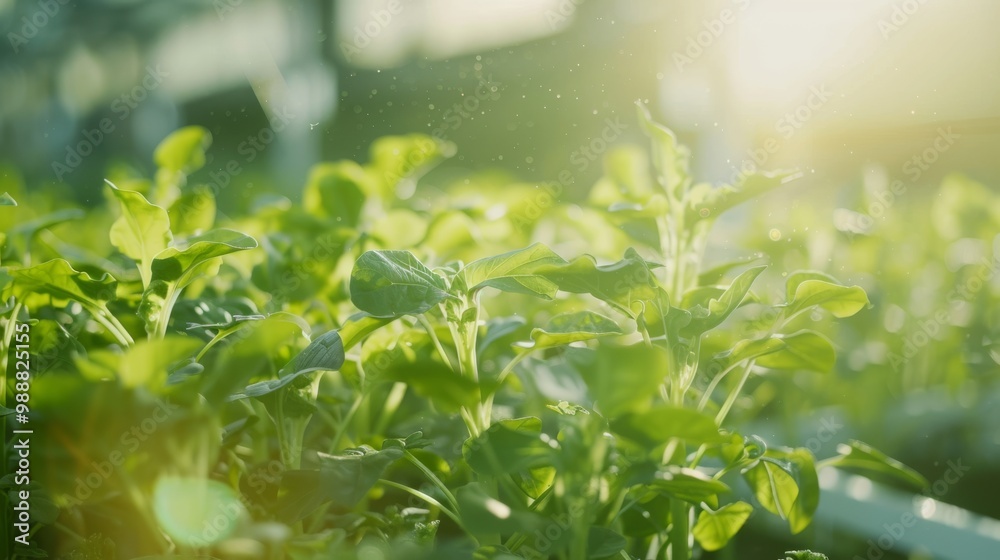 Leafy green plants bathed in sunlight with morning dew, exuding freshness and vitality in a serene, natural setting. Leafy green plants bathed in sunlight with morning dew, exuding freshness and vitality in a serene, natural setting.