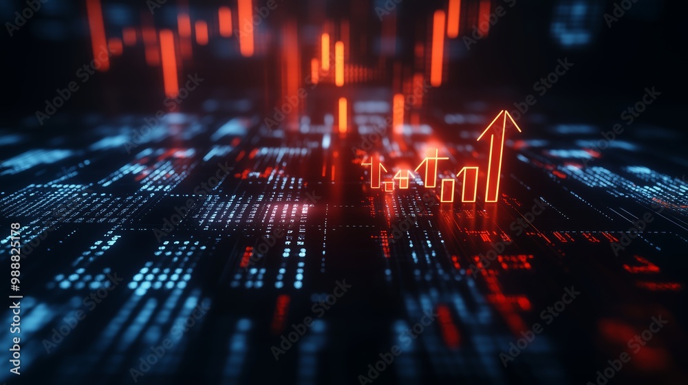 Digital financial data visualization with rising indicators on a dark blue background highlighting market trends Digital financial data visualization with rising indicators on a dark blue background highlighting market trends