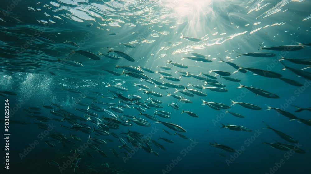 Obraz premium Underwater scene featuring a school of fish swimming together, illuminated by rays of sunlight penetrating the pristine, blue ocean water.